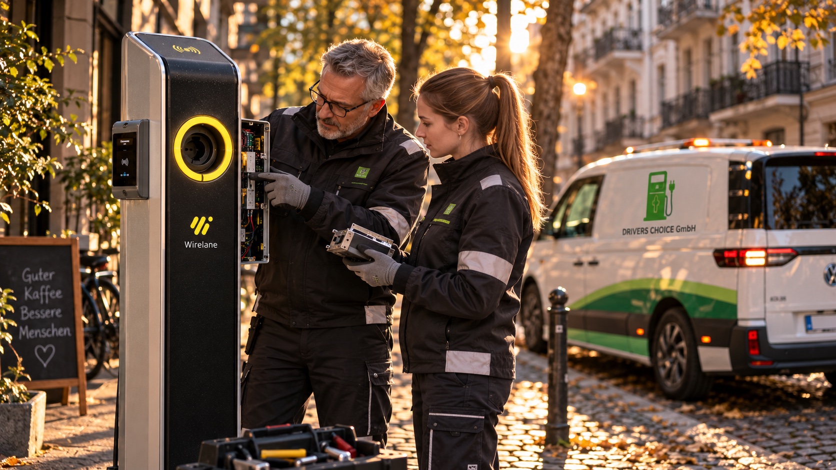 Zwei Techniker tauschen ein Bauteil an einer Wirelane-Ladesäule in Berlin-Kreuzberg