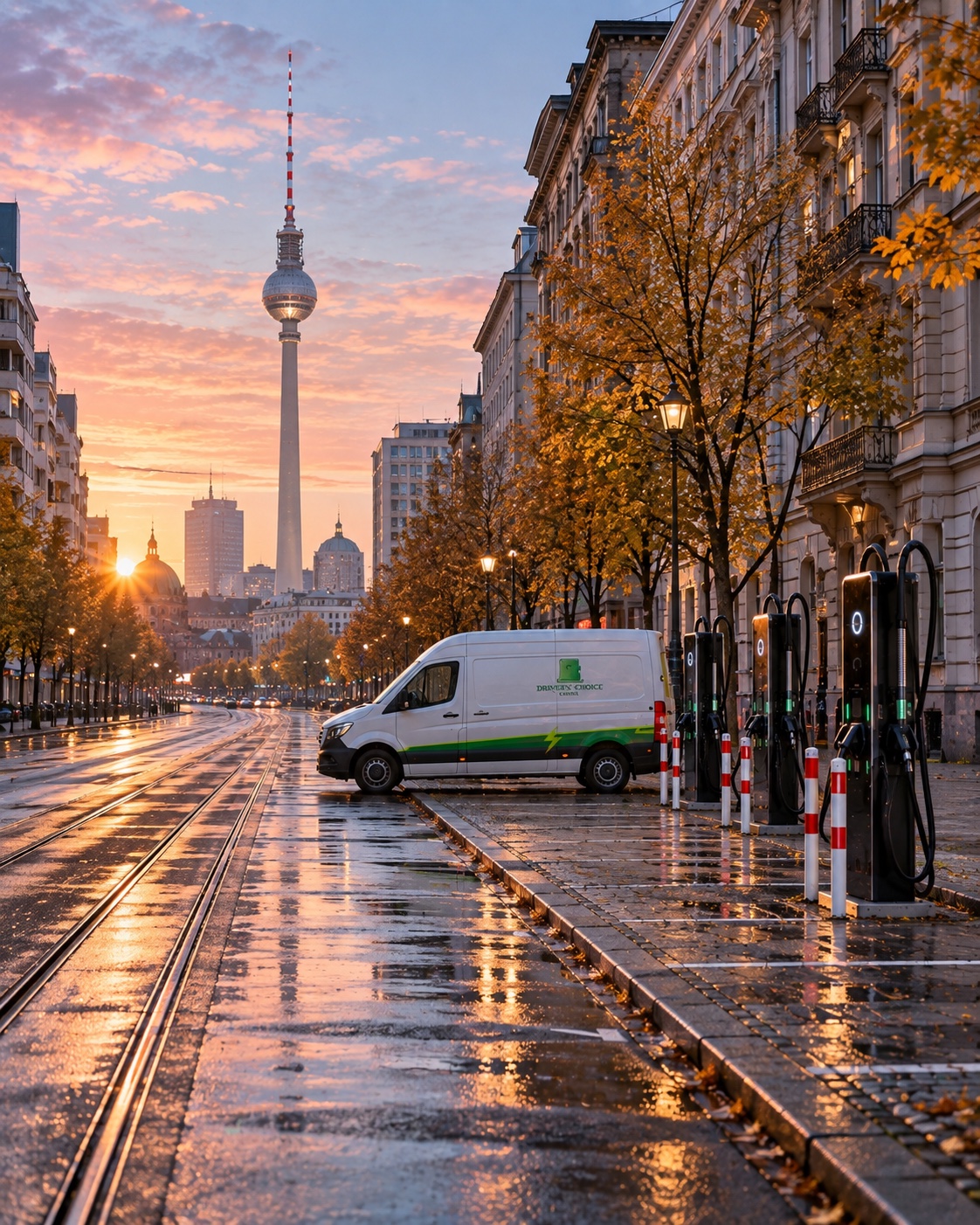 Servicewagen und Ladesäulen an einer Berliner Allee mit Blick auf den Fernsehturm