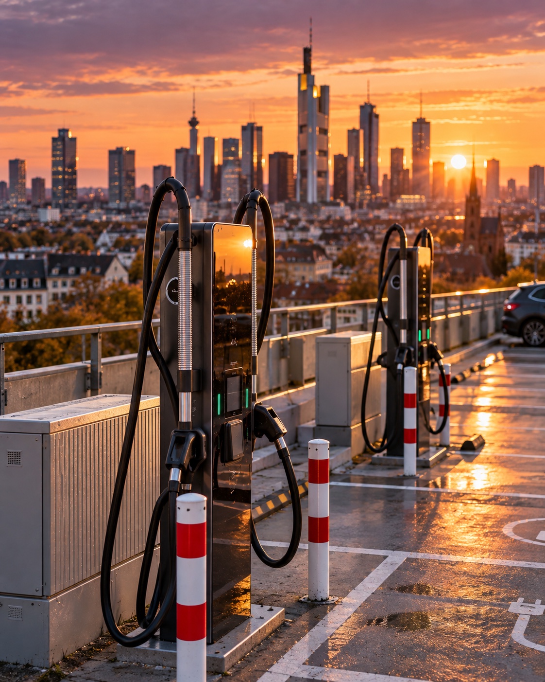 Ladesäulen auf einem Parkdeck vor der Frankfurter Skyline bei Sonnenuntergang