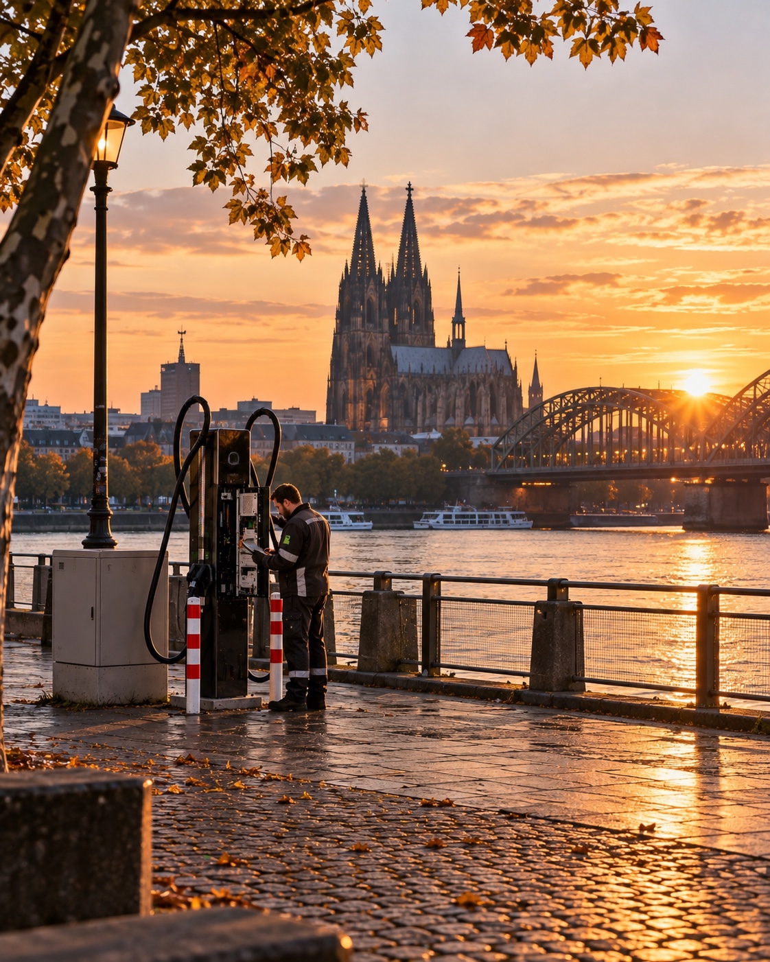 Servicetechniker an einer Ladesäule an der Kölner Rheinpromenade, im Hintergrund Dom und Hohenzollernbrücke