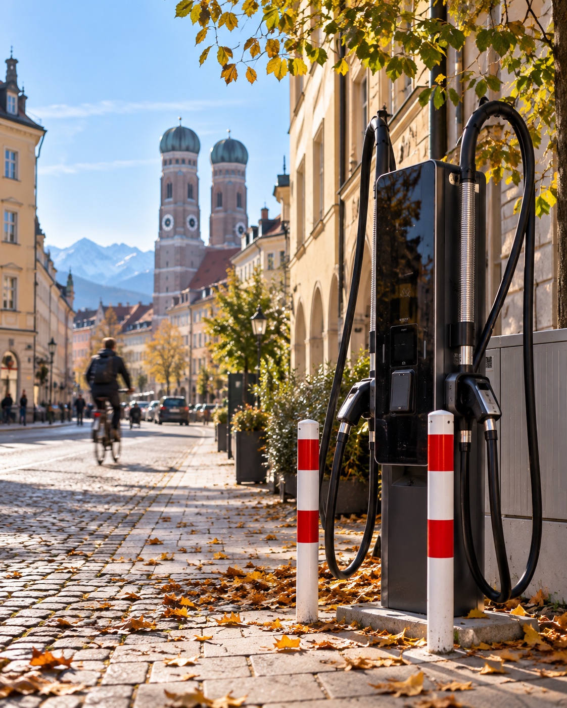 Ladesäule in einer Münchner Altstadtgasse mit Blick auf die Frauenkirche