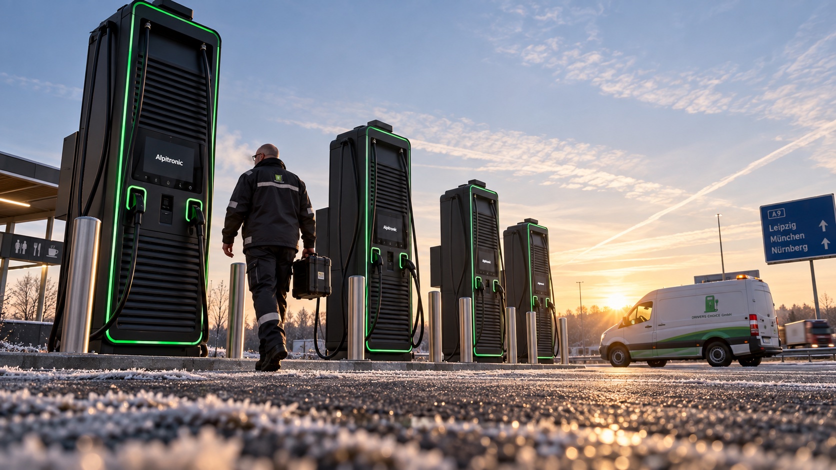 Prüfer geht bei Raureif auf vier Alpitronic HYC 300 an der A9 bei Leipzig zu