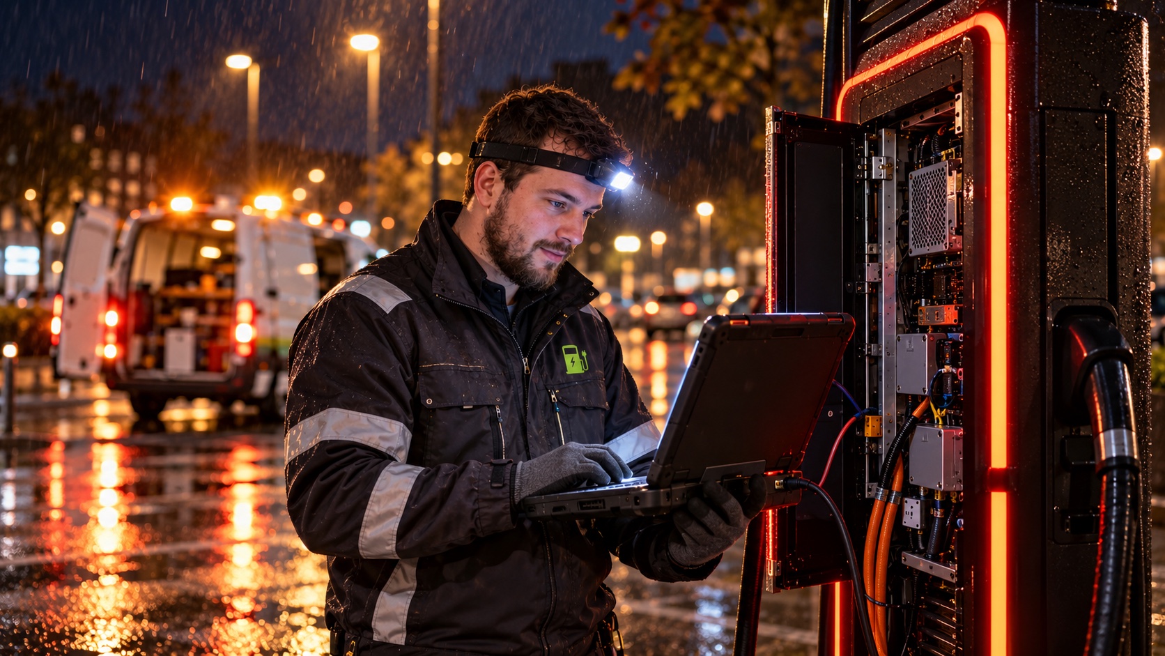 Techniker diagnostiziert bei Nacht und Regen eine Störung an einer Alpitronic HYC 50