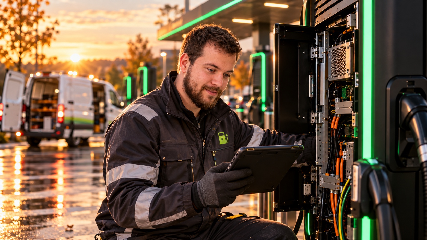 Servicetechniker wartet eine Alpitronic HYC 150 an einer Autobahn-Raststätte
