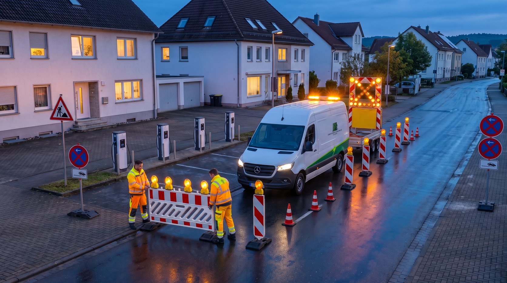 Zwei Techniker sichern zur blauen Stunde Ladesäulen in einem Wohngebiet mit Absperrschranke, Leitbaken und Halteverbot ab